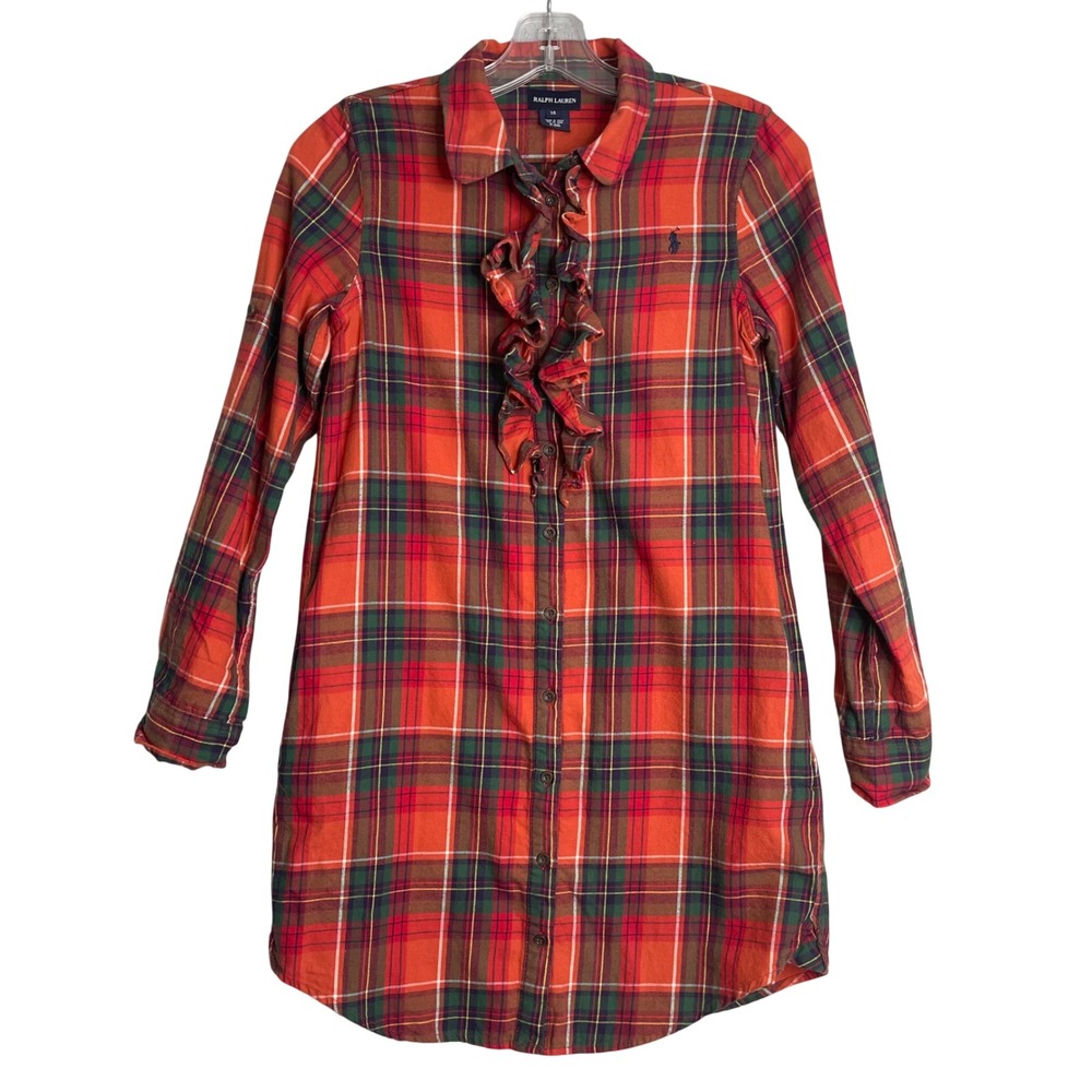 Ralph Lauren Plaid Dress Girls 14 Multi Color Ruffle Preppy Long Sleeve Holiday